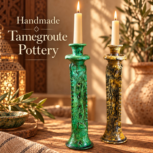 Tamegroute Candle Holder, Moroccan Green & Ochre Pottery, Handmade Ceramic Candlestick, Boho Home Decor