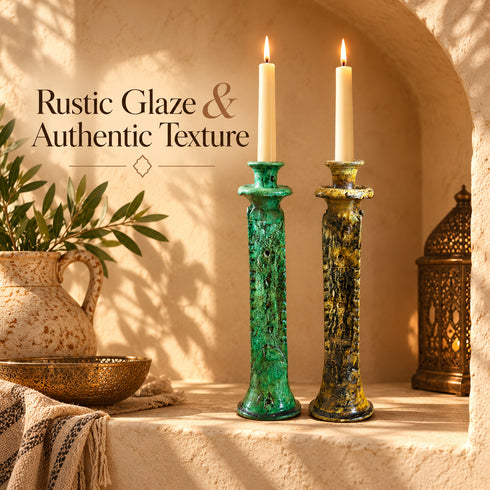 Tamegroute Candle Holder, Moroccan Green & Ochre Pottery, Handmade Ceramic Candlestick, Boho Home Decor