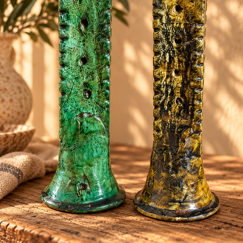 Tamegroute Candle Holder, Moroccan Green & Ochre Pottery, Handmade Ceramic Candlestick, Boho Home Decor