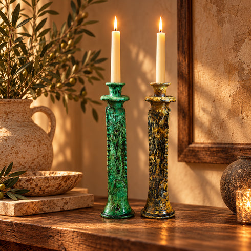 Tamegroute Candle Holder, Moroccan Green & Ochre Pottery, Handmade Ceramic Candlestick, Boho Home Decor