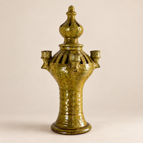 Tamegroute Candle Holder, Moroccan Pottery Candelabra, Handmade Ceramic Decor, Olive Green Candle Stand