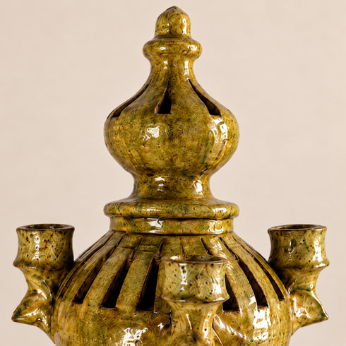 Tamegroute Candle Holder, Moroccan Pottery Candelabra, Handmade Ceramic Decor, Olive Green Candle Stand