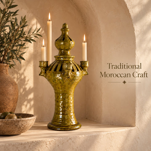 Tamegroute Candle Holder, Moroccan Pottery Candelabra, Handmade Ceramic Decor, Olive Green Candle Stand