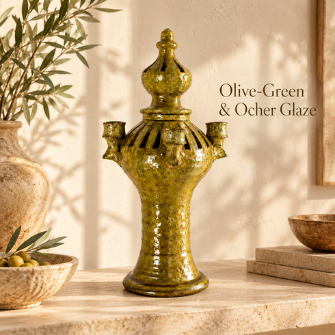 Tamegroute Candle Holder, Moroccan Pottery Candelabra, Handmade Ceramic Decor, Olive Green Candle Stand