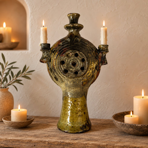 Tamegroute Candle Holder, Moroccan Pottery, Handmade Ceramic Candelabra, Green Ochre Berber Home Decor