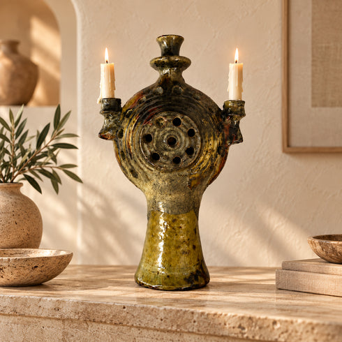 Tamegroute Candle Holder, Moroccan Pottery, Handmade Ceramic Candelabra, Green Ochre Berber Home Decor