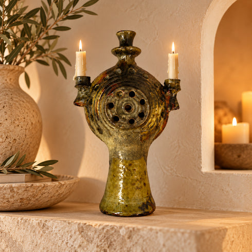 Tamegroute Candle Holder, Moroccan Pottery, Handmade Ceramic Candelabra, Green Ochre Berber Home Decor