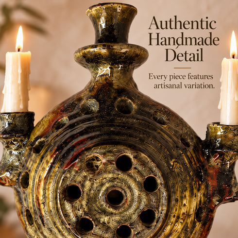 Tamegroute Candle Holder, Moroccan Pottery, Handmade Ceramic Candelabra, Green Ochre Berber Home Decor