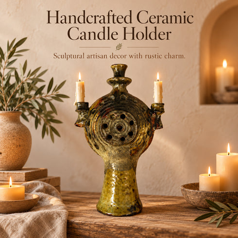 Tamegroute Candle Holder, Moroccan Pottery, Handmade Ceramic Candelabra, Green Ochre Berber Home Decor