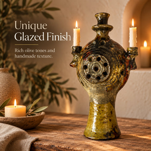 Tamegroute Candle Holder, Moroccan Pottery, Handmade Ceramic Candelabra, Green Ochre Berber Home Decor