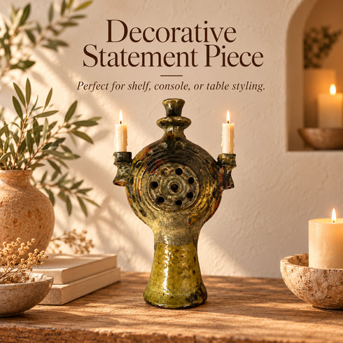 Tamegroute Candle Holder, Moroccan Pottery, Handmade Ceramic Candelabra, Green Ochre Berber Home Decor