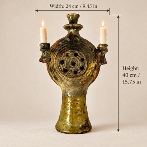 Tamegroute Candle Holder, Moroccan Pottery, Handmade Ceramic Candelabra, Green Ochre Berber Home Decor
