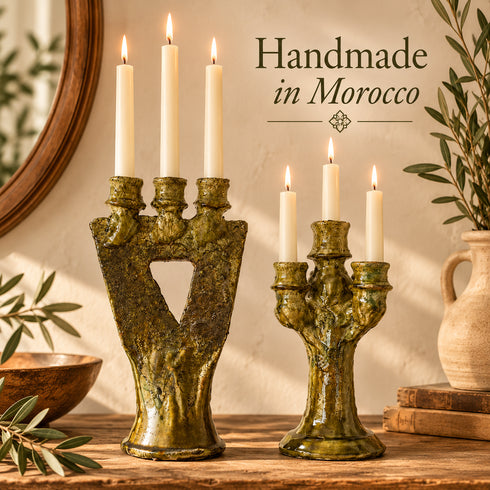 Tamegroute Candle Holder, Yellow Ochre Moroccan Pottery, Handmade Ceramic Candlestick, Boho Home Decor