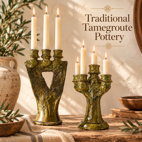Tamegroute Candle Holder, Yellow Ochre Moroccan Pottery, Handmade Ceramic Candlestick, Boho Home Decor