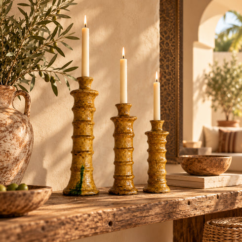 Tamegroute Candlestick Set, Moroccan Pottery Candle Holders, Handmade Yellow Ochre Ceramic Decor
