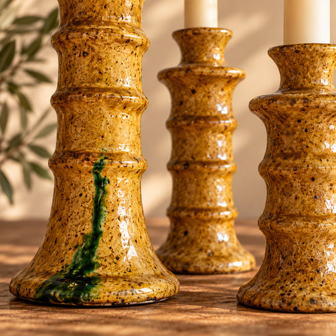 Tamegroute Candlestick Set, Moroccan Pottery Candle Holders, Handmade Yellow Ochre Ceramic Decor