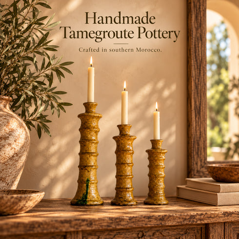 Tamegroute Candlestick Set, Moroccan Pottery Candle Holders, Handmade Yellow Ochre Ceramic Decor