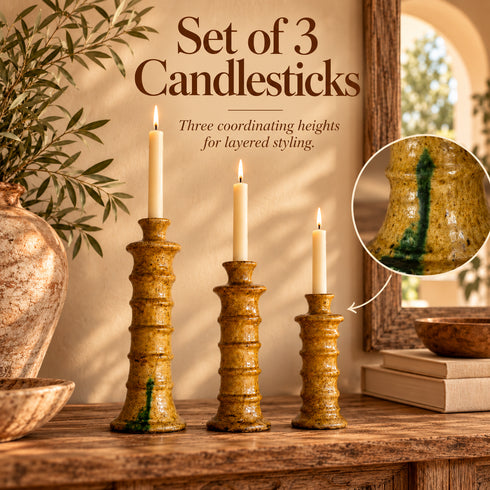 Tamegroute Candlestick Set, Moroccan Pottery Candle Holders, Handmade Yellow Ochre Ceramic Decor