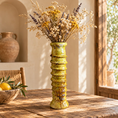 Tamegroute Ceramic Floor Vase, Handmade Moroccan Yellow Pottery, Tall Rustic Decorative Vase, Boho Home Decor