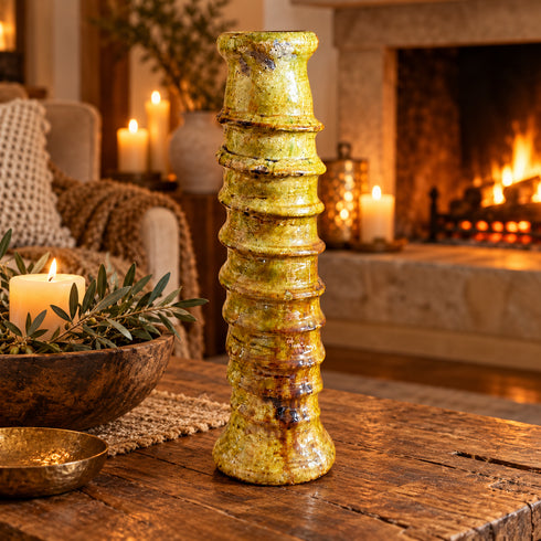 Tamegroute Ceramic Floor Vase, Handmade Moroccan Yellow Pottery, Tall Rustic Decorative Vase, Boho Home Decor
