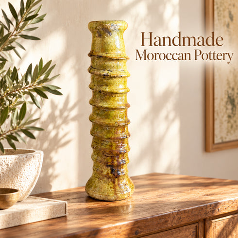 Tamegroute Ceramic Floor Vase, Handmade Moroccan Yellow Pottery, Tall Rustic Decorative Vase, Boho Home Decor