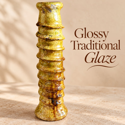 Tamegroute Ceramic Floor Vase, Handmade Moroccan Yellow Pottery, Tall Rustic Decorative Vase, Boho Home Decor