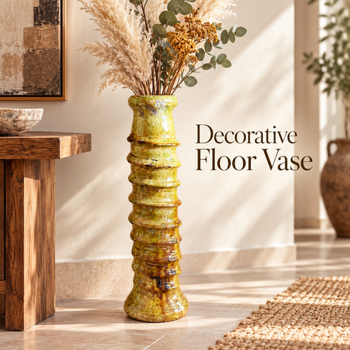 Tamegroute Ceramic Floor Vase, Handmade Moroccan Yellow Pottery, Tall Rustic Decorative Vase, Boho Home Decor