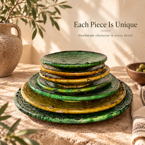 Tamegroute Ceramic Plates, Moroccan Green & Ocher Pottery, Handmade Serving Plates, Rustic Tableware