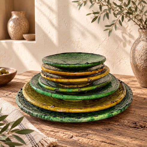 Tamegroute Ceramic Plates, Moroccan Green & Ocher Pottery, Handmade Serving Plates, Rustic Tableware