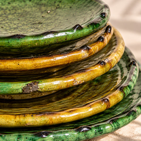 Tamegroute Ceramic Plates, Moroccan Green & Ocher Pottery, Handmade Serving Plates, Rustic Tableware