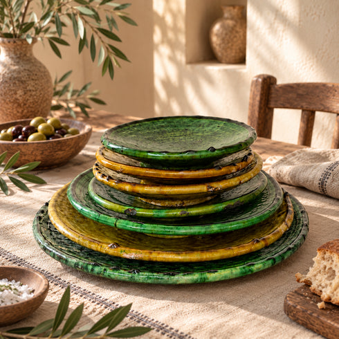 Tamegroute Ceramic Plates, Moroccan Green & Ocher Pottery, Handmade Serving Plates, Rustic Tableware