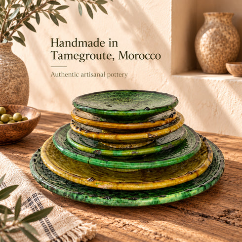 Tamegroute Ceramic Plates, Moroccan Green & Ocher Pottery, Handmade Serving Plates, Rustic Tableware