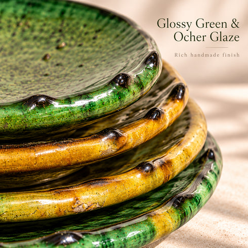 Tamegroute Ceramic Plates, Moroccan Green & Ocher Pottery, Handmade Serving Plates, Rustic Tableware