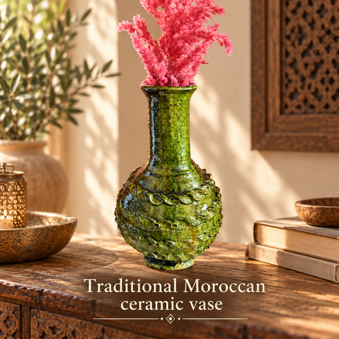 Tamegroute Green Vase, Moroccan Ceramic Vase, Handmade Pottery, Rustic Boho Decor, Artisan Home Accent