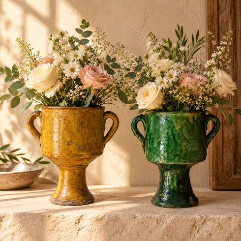 Tamegroute Vase Green & Yellow, Moroccan Pottery Vase, Handmade Ceramic Urn, Rustic Boho Home Decor, Flower Vase