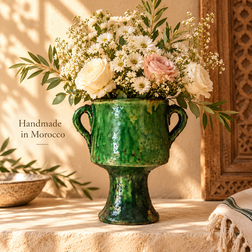Tamegroute Vase Green & Yellow, Moroccan Pottery Vase, Handmade Ceramic Urn, Rustic Boho Home Decor, Flower Vase