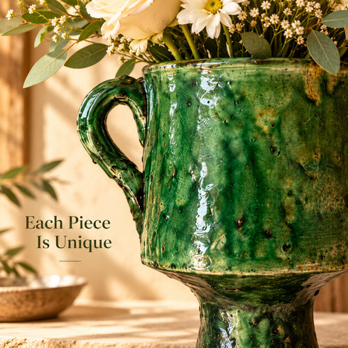 Tamegroute Vase Green & Yellow, Moroccan Pottery Vase, Handmade Ceramic Urn, Rustic Boho Home Decor, Flower Vase