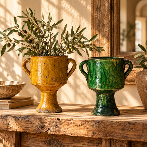 Tamegroute Vase Green & Yellow, Moroccan Pottery Vase, Handmade Ceramic Urn, Rustic Boho Home Decor, Flower Vase