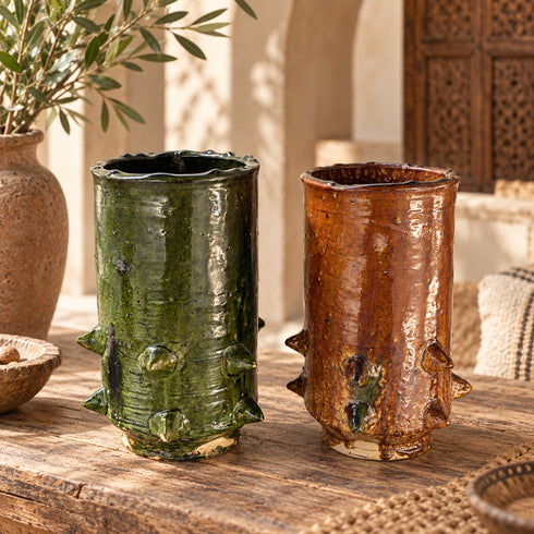 Tamegroute Vase, Green & Ocher Moroccan Pottery, Handmade Ceramic Vase, Rustic Boho Home Decor