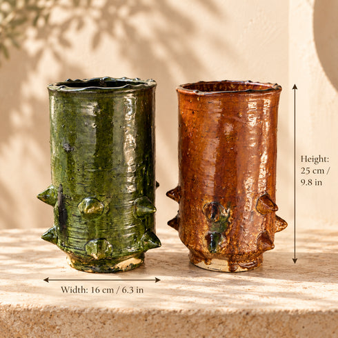 Tamegroute Vase, Green & Ocher Moroccan Pottery, Handmade Ceramic Vase, Rustic Boho Home Decor