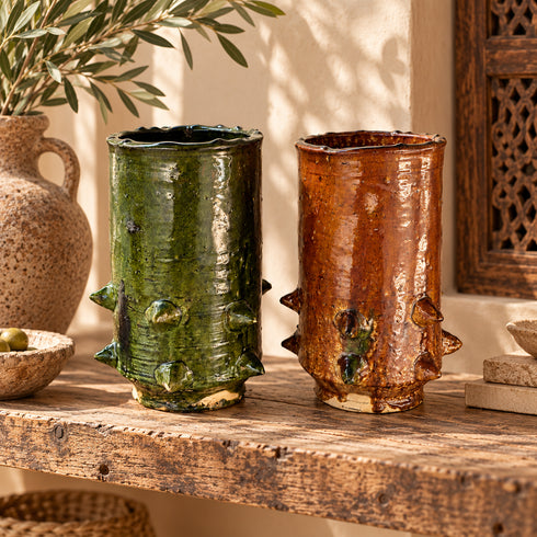 Tamegroute Vase, Green & Ocher Moroccan Pottery, Handmade Ceramic Vase, Rustic Boho Home Decor