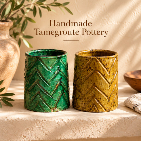 Tamegroute Vase, Moroccan Green & Ochre Ceramic Vase, Handmade Pottery, Small Boho Home Decor
