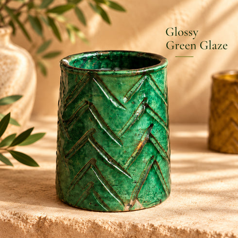 Tamegroute Vase, Moroccan Green & Ochre Ceramic Vase, Handmade Pottery, Small Boho Home Decor