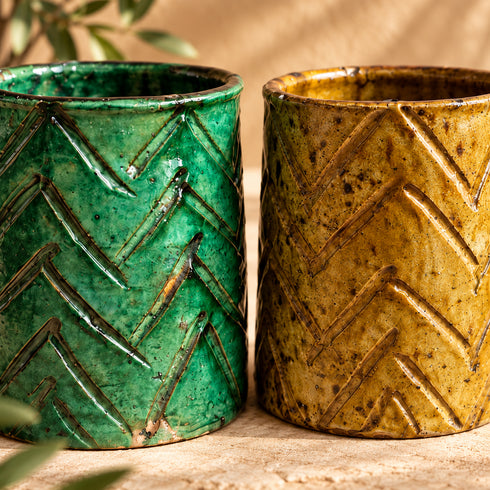 Tamegroute Vase, Moroccan Green & Ochre Ceramic Vase, Handmade Pottery, Small Boho Home Decor