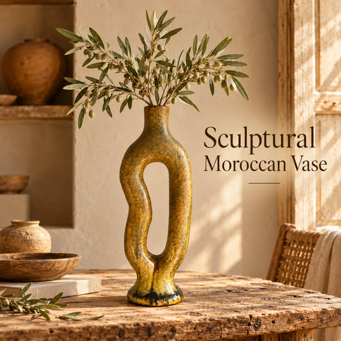 Tamegroute Vase, Moroccan Pottery Vase, Handmade Ceramic Decor, Yellow Ocher Sculptural Vase, Boho Home Decor