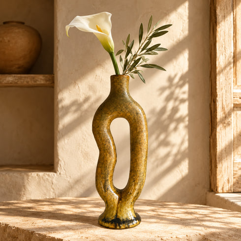 Tamegroute Vase, Moroccan Pottery Vase, Handmade Ceramic Decor, Yellow Ocher Sculptural Vase, Boho Home Decor