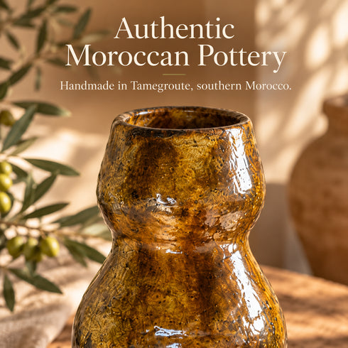 Tamegroute Vase, Moroccan Pottery, Handmade Ceramic Vase, Ochre Green Vase, Moroccan Home Decor