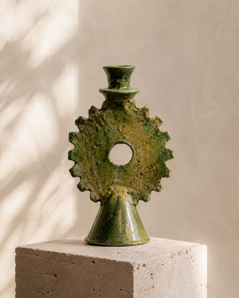 Illuminate your mantle with an Art of handmade Tamegroute ceramic candlestick.