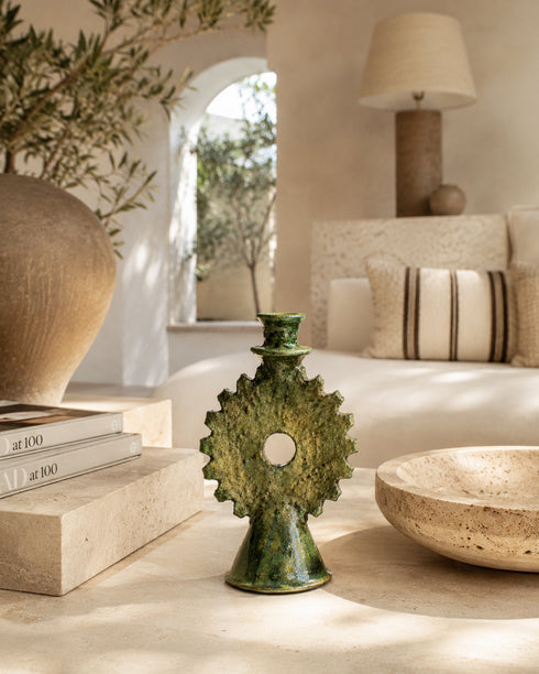 Illuminate your mantle with an Art of handmade Tamegroute ceramic candlestick.