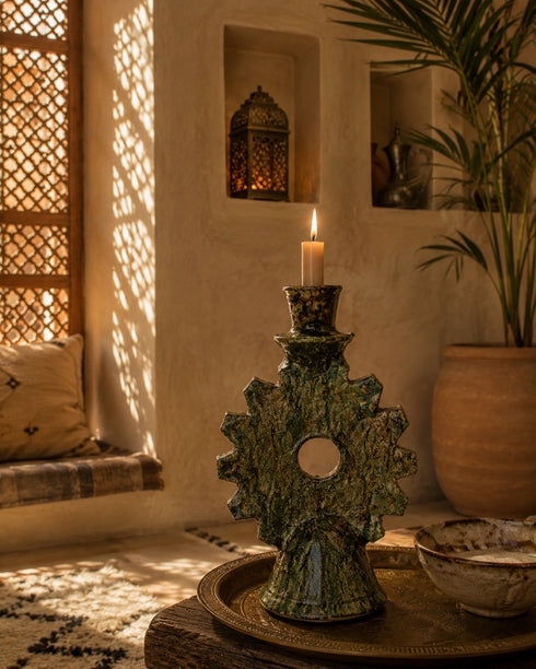 Illuminate your mantle with an Art of handmade Tamegroute ceramic candlestick.